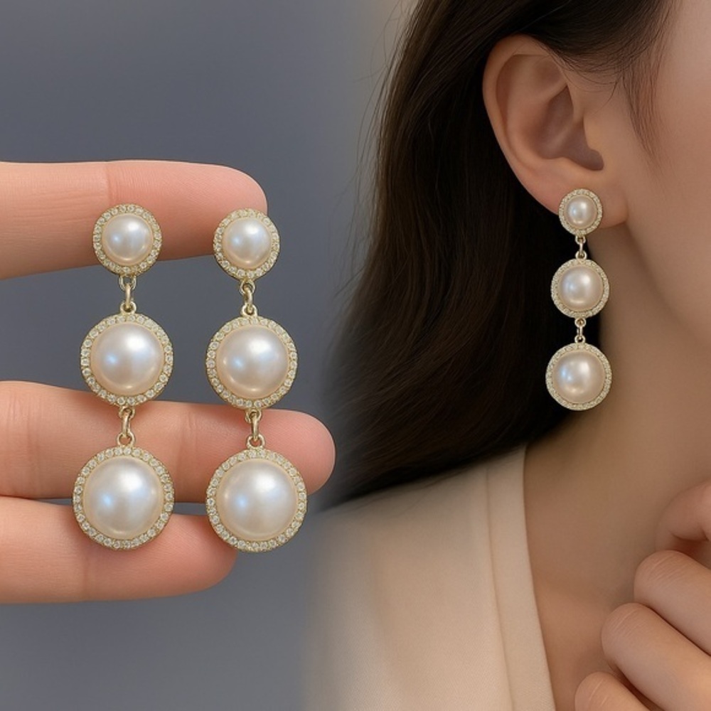 Glam Gold Triple Pearl Drop Earrings with Crystal Halo 925 Silver Posts new